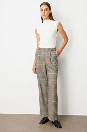 Ekol Kadın Beli Lastikli Ekoseli Pantolon 5077 Vizon