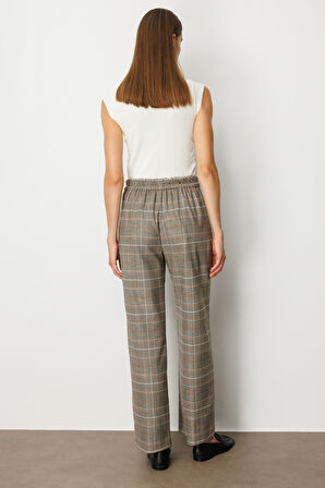 Ekol Kadın Beli Lastikli Ekoseli Pantolon 5077 Vizon