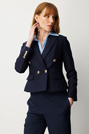 Ekol Kadın Kruvaze Yaka Kaşe Ceket 5073 Lacivert