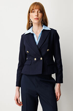 Ekol Kadın Kruvaze Yaka Kaşe Ceket 5073 Lacivert