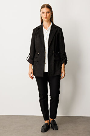 Ekol Kadın Büyük Beden Beli Lastikli Güderi Ceket 5563 Siyah