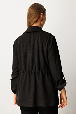Ekol Kadın Büyük Beden Beli Lastikli Güderi Ceket 5563 Siyah