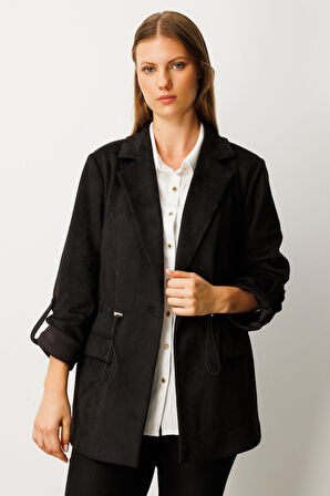 Ekol Kadın Büyük Beden Beli Lastikli Güderi Ceket 5563 Siyah