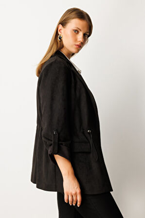 Ekol Kadın Büyük Beden Beli Lastikli Güderi Ceket 5563 Siyah