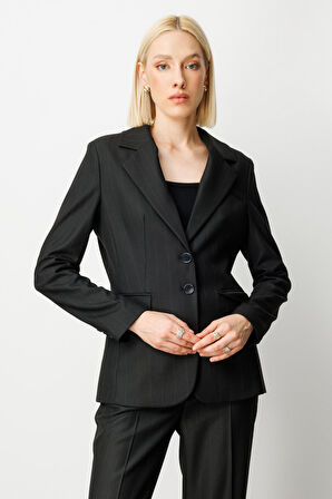 Ekol Kadın Çizgili Kapak Cepli Ceket 5127 Siyah