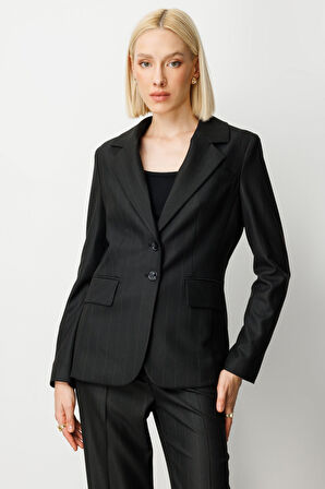 Ekol Kadın Çizgili Kapak Cepli Ceket 5127 Siyah