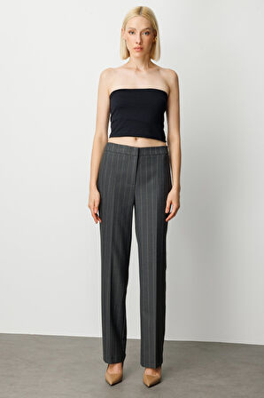 Ekol Kadın Çizgili Bol Paça Pantolon 5129 Antrasit