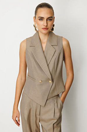 Ekol Kadın Kruvaze Yaka İnce Fitilli Yelek 5053 Gold