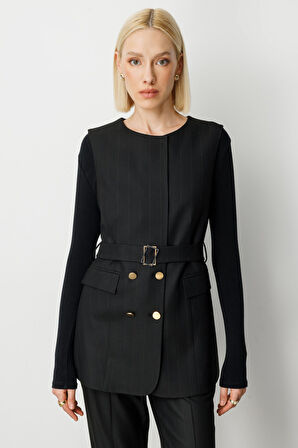 Ekol Kadın Çizgili Beli Kemerli Yelek 5131 Siyah