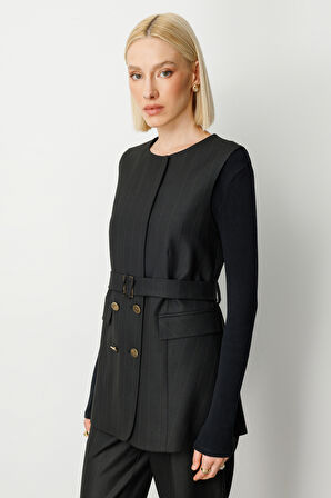 Ekol Kadın Çizgili Beli Kemerli Yelek 5131 Siyah