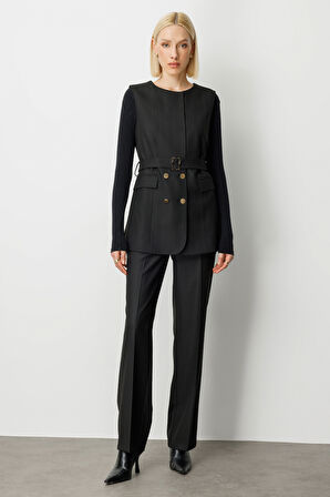 Ekol Kadın Çizgili Beli Kemerli Yelek 5131 Siyah