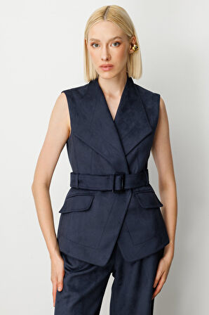 Ekol Kadın Beli Kemerli Kapak Cepli Yelek 5065 Lacivert