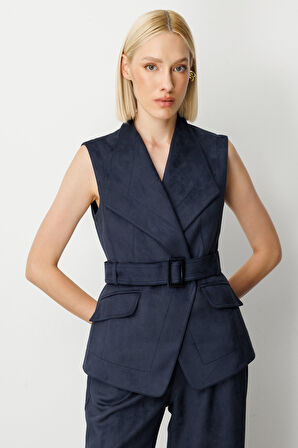 Ekol Kadın Beli Kemerli Kapak Cepli Yelek 5065 Lacivert