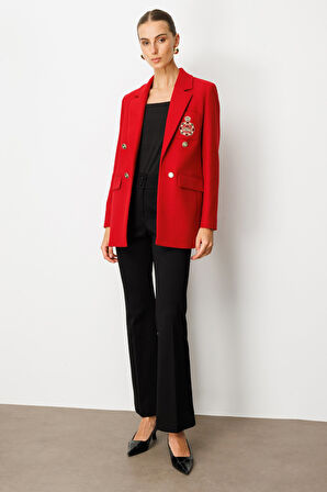 Ekol Kadın Önü Armalı Kapak Cepli Kaşe Ceket 5071 Kırmızı