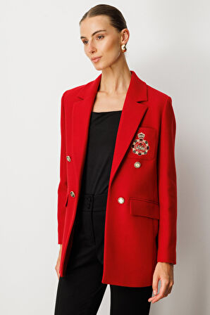 Ekol Kadın Önü Armalı Kapak Cepli Kaşe Ceket 5071 Kırmızı