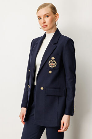 Ekol Kadın Önü Armalı Kapak Cepli Kaşe Ceket 5071 Lacivert