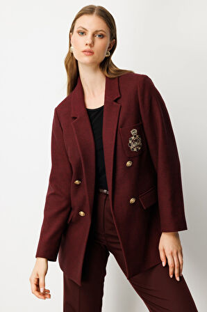 Ekol Kadın Büyük Beden Cebi Armalı Ceket 5571 Bordo