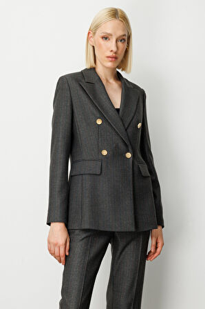 Ekol Kadın Kruvaze Yaka Çizgi Desenli Ceket 5107 Siyah