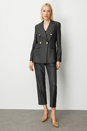 Ekol Kadın Kruvaze Yaka Çizgi Desenli Ceket 5107 Siyah