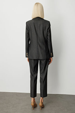 Ekol Kadın Kruvaze Yaka Çizgi Desenli Ceket 5107 Siyah