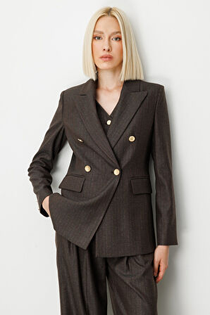 Ekol Kadın Kruvaze Yaka Çizgi Desenli Ceket 5107 Kahverengi