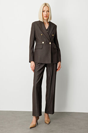 Ekol Kadın Kruvaze Yaka Çizgi Desenli Ceket 5107 Kahverengi