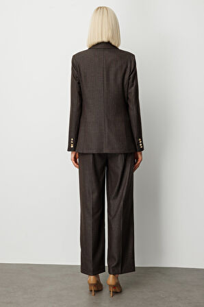 Ekol Kadın Kruvaze Yaka Çizgi Desenli Ceket 5107 Kahverengi