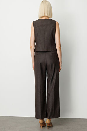 Ekol Kadın Çizgi Desenli V Yaka Yelek 5109 Kahverengi