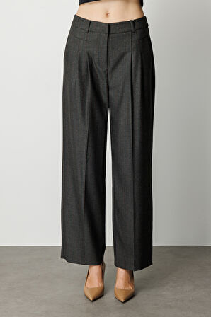 Ekol Kadın Çizgi Desenli Wide Leg Pantolon 5111 Siyah