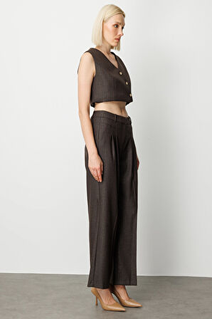 Ekol Kadın Çizgi Desenli Wide Leg Pantolon 5111 Kahverengi