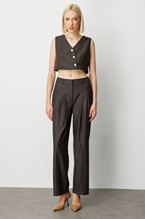 Ekol Kadın Çizgi Desenli Wide Leg Pantolon 5111 Kahverengi