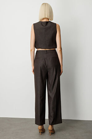 Ekol Kadın Çizgi Desenli Wide Leg Pantolon 5111 Kahverengi