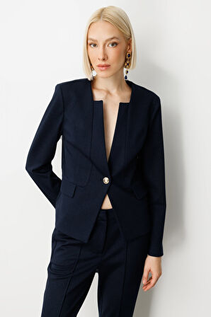 Ekol Kadın Tek Düğme Süs Kapak Cepli Ceket 5141 Lacivert