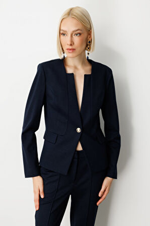 Ekol Kadın Tek Düğme Süs Kapak Cepli Ceket 5141 Lacivert