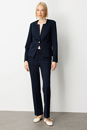 Ekol Kadın Tek Düğme Süs Kapak Cepli Ceket 5141 Lacivert