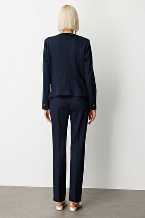 Ekol Kadın Tek Düğme Süs Kapak Cepli Ceket 5141 Lacivert