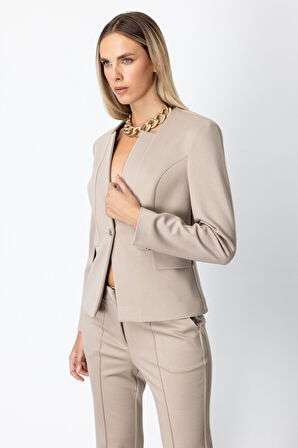 Ekol Kadın Tek Düğme Süs Kapak Cepli Ceket 5141 Vizon