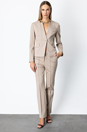 Ekol Kadın Tek Düğme Süs Kapak Cepli Ceket 5141 Vizon