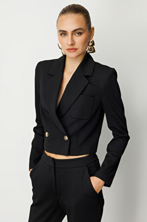 Ekol Kadın Kruvaze Yaka Crop Ceket 5029 Siyah