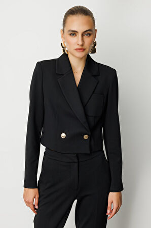 Ekol Kadın Kruvaze Yaka Crop Ceket 5029 Siyah
