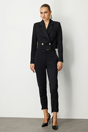 Ekol Kadın Kruvaze Yaka Crop Ceket 5029 Siyah