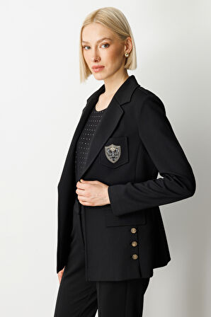 Ekol Kadın Cebi Armalı Süs Düğmeli Ceket 5033 Siyah