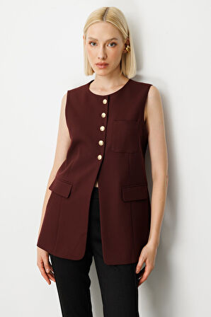 Ekol Kadın Önü Düğmeli Kapak Cepli Yelek 5007 Bordo