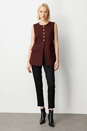 Ekol Kadın Önü Düğmeli Kapak Cepli Yelek 5007 Bordo