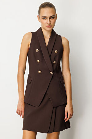 Ekol Kadın Kruvaze Yaka Kapak Cepli Yelek 5009 Kahverengi