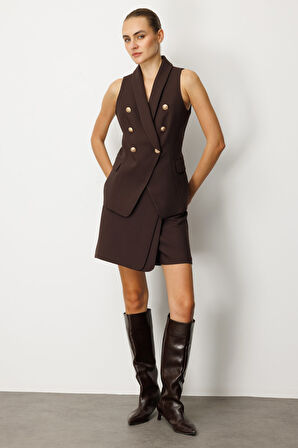 Ekol Kadın Kruvaze Yaka Kapak Cepli Yelek 5009 Kahverengi