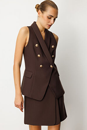 Ekol Kadın Kruvaze Yaka Kapak Cepli Yelek 5009 Kahverengi