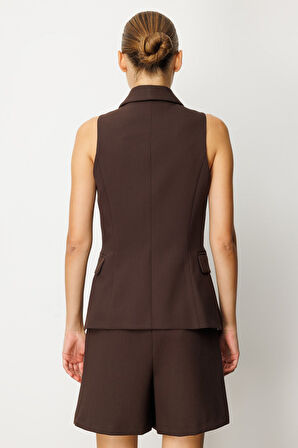 Ekol Kadın Kruvaze Yaka Kapak Cepli Yelek 5009 Kahverengi