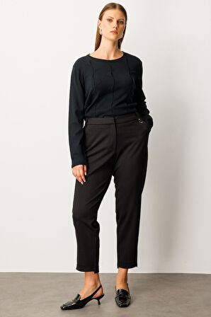 Ekol Kadın Büyük Beden Beli Lastikli Aksesuar Detaylı Pantolon 1043 Siyah