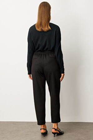 Ekol Kadın Büyük Beden Beli Lastikli Aksesuar Detaylı Pantolon 1043 Siyah